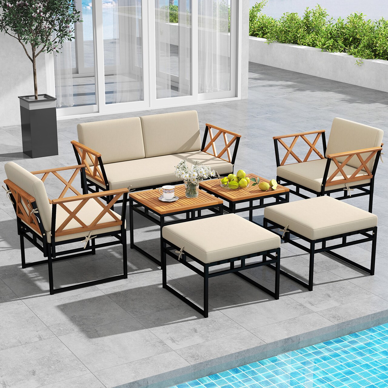 7-Piece Outdoor Lounge Set with Cushions and Bungee Rope Chairs